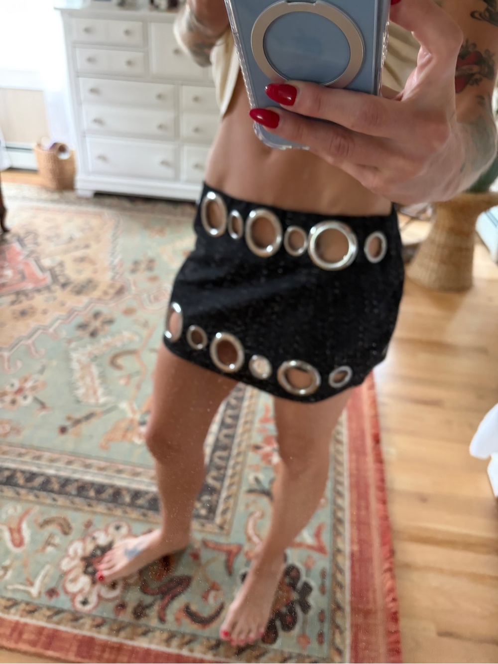 Black Mini Skirt with Silver Ring Embellishments - Women